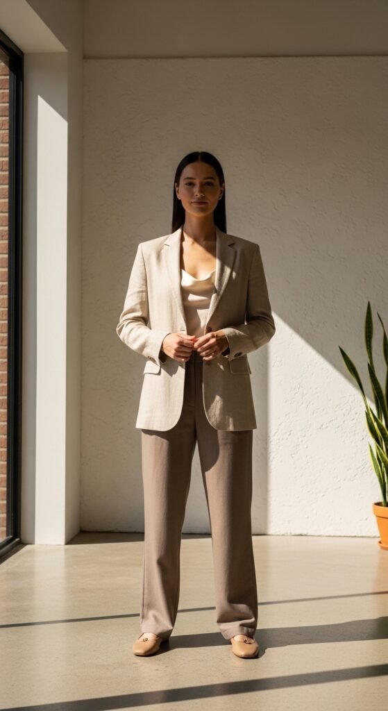 A beautifully styled quiet luxury living room featuring neutral tones, fresh white flowers, quality leather books, cashmere throw, and soft natural light, illustrating 20 rich life aesthetic ideas on how to cultivate quiet luxury and an elevated lifestyle without breaking the bank.