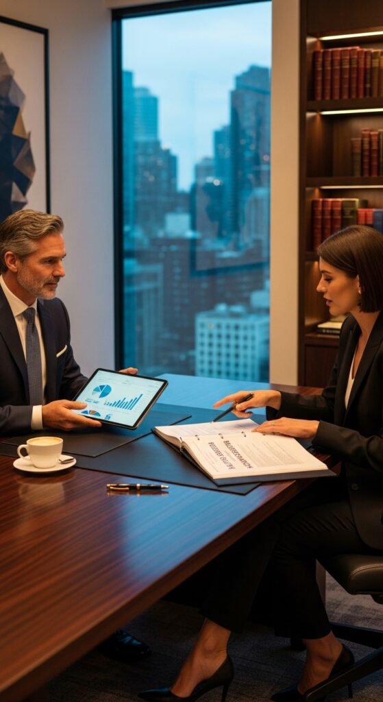 A beautifully styled aspirational millionaire lifestyle scene featuring a luxurious penthouse living room, financial planning books, investment charts, elegant decor, and golden lighting, showcasing 22 millionaire lifestyle ideas as a blueprint for achieving financial freedom and living rich.