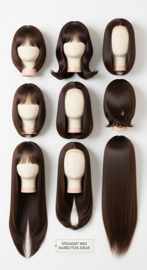 A stunning beauty editorial showcasing diverse chic straight wig hairstyles including sleek bobs, long layers, bangs, ponytails, and ombre styles on beautiful women, illustrating 20 straight wig hairstyles ideas to transform your look with versatile and glamorous straight wig options.