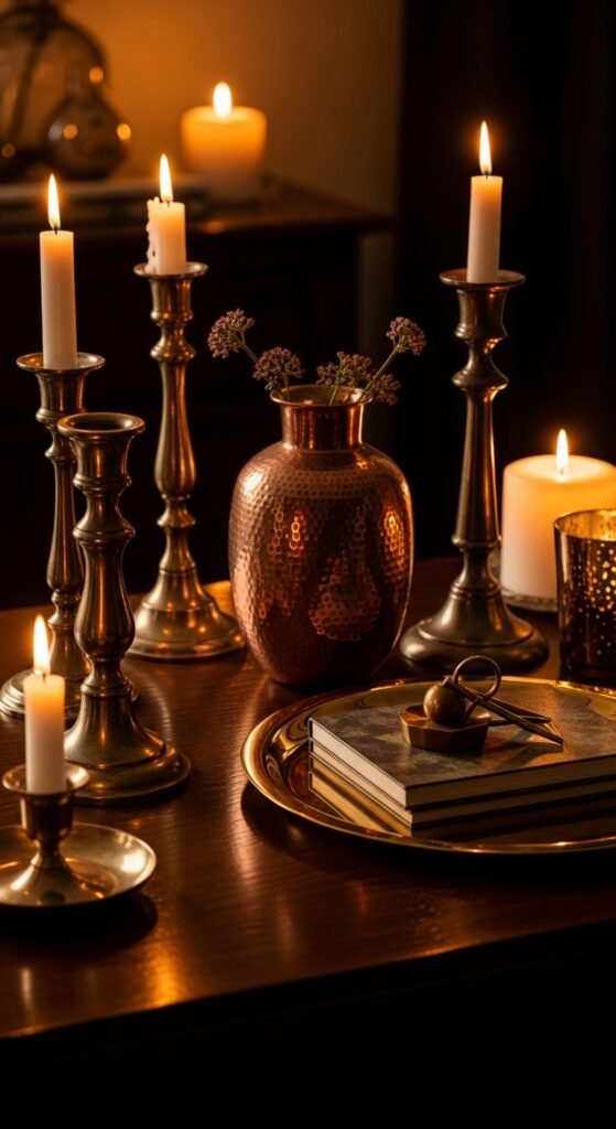 A beautifully transformed moody living room featuring dark walls, warm layered lighting, plush velvet sofa, rich wood furniture, heavy curtains, and curated accessories, showcasing 25 moody living room ideas to create a cozy and dramatic haven at home.