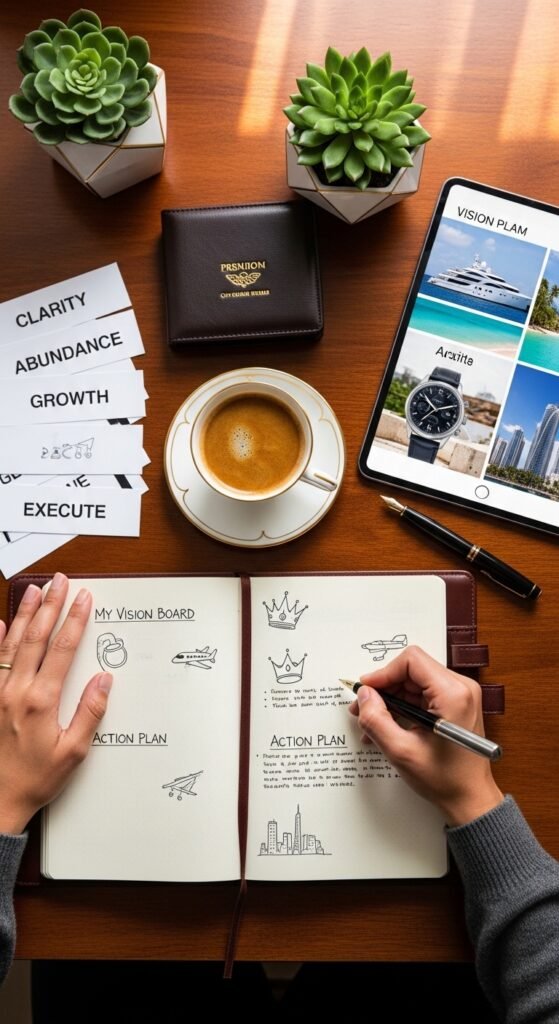 A breathtaking aspirational luxury lifestyle dreams scene featuring a stunning penthouse terrace with infinity pool, champagne, fresh flowers, and golden hour city skyline views, showcasing 23 luxury lifestyle dreams ideas to inspire and guide you in building your ultimate dream life starting today.