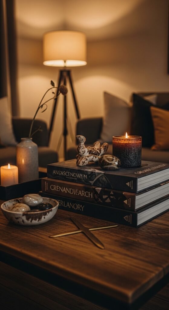 A beautifully transformed moody living room featuring dark walls, warm layered lighting, plush velvet sofa, rich wood furniture, heavy curtains, and curated accessories, showcasing 25 moody living room ideas to create a cozy and dramatic haven at home.