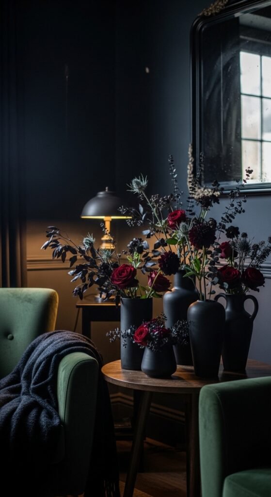 A beautifully transformed moody living room featuring dark walls, warm layered lighting, plush velvet sofa, rich wood furniture, heavy curtains, and curated accessories, showcasing 25 moody living room ideas to create a cozy and dramatic haven at home.