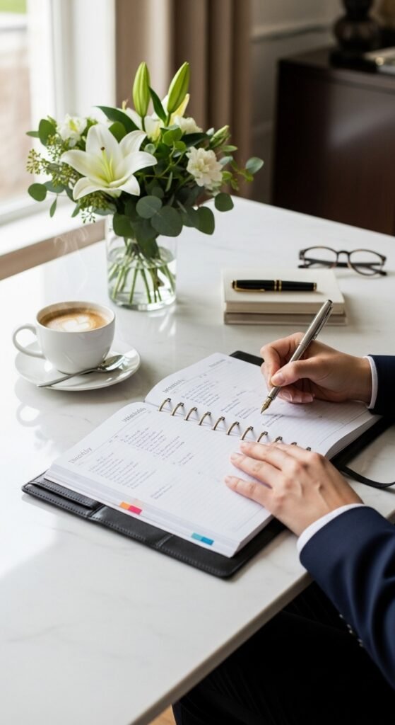 A beautifully styled aspirational millionaire lifestyle scene featuring a luxurious penthouse living room, financial planning books, investment charts, elegant decor, and golden lighting, showcasing 22 millionaire lifestyle ideas as a blueprint for achieving financial freedom and living rich.