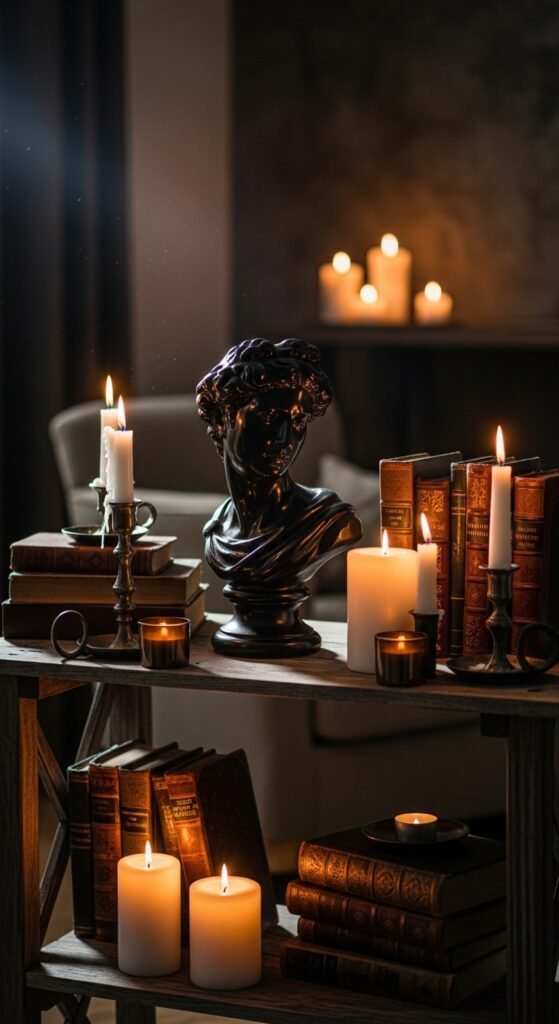 A beautifully transformed moody living room featuring dark walls, warm layered lighting, plush velvet sofa, rich wood furniture, heavy curtains, and curated accessories, showcasing 25 moody living room ideas to create a cozy and dramatic haven at home.