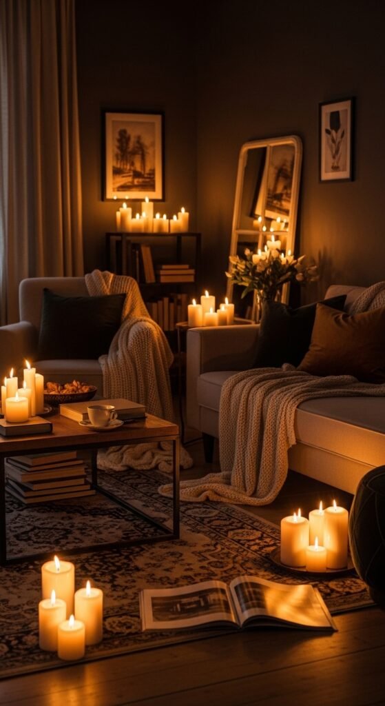 A beautifully transformed moody living room featuring dark walls, warm layered lighting, plush velvet sofa, rich wood furniture, heavy curtains, and curated accessories, showcasing 25 moody living room ideas to create a cozy and dramatic haven at home.