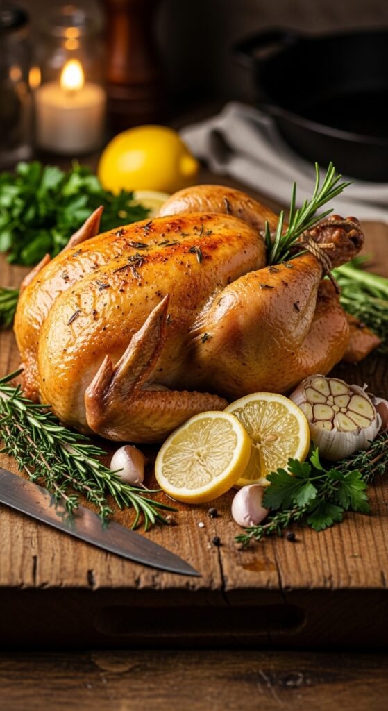 A beautifully styled spread of multiple delicious chicken dinner dishes including golden roasted chicken, creamy pasta, and spicy stir fry arranged on a rustic wooden dining table, showcasing 20 chicken dinner ideas that are easy, flavorful, and perfect for saving your sanity on busy weeknights.