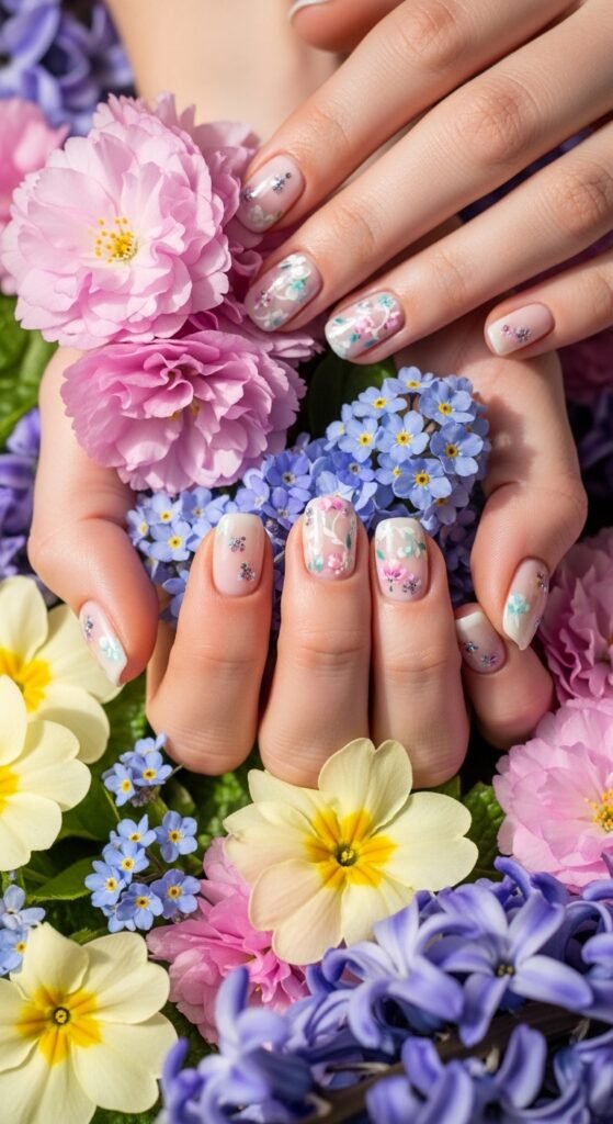 A stunning spring nails editorial featuring beautifully manicured hands with pastel florals, butterfly accents, glazed donut chrome, and vibrant color-blocked designs surrounded by fresh spring flowers, showcasing 20 spring nails ideas for fresh blooming manicures to welcome the sunshine.