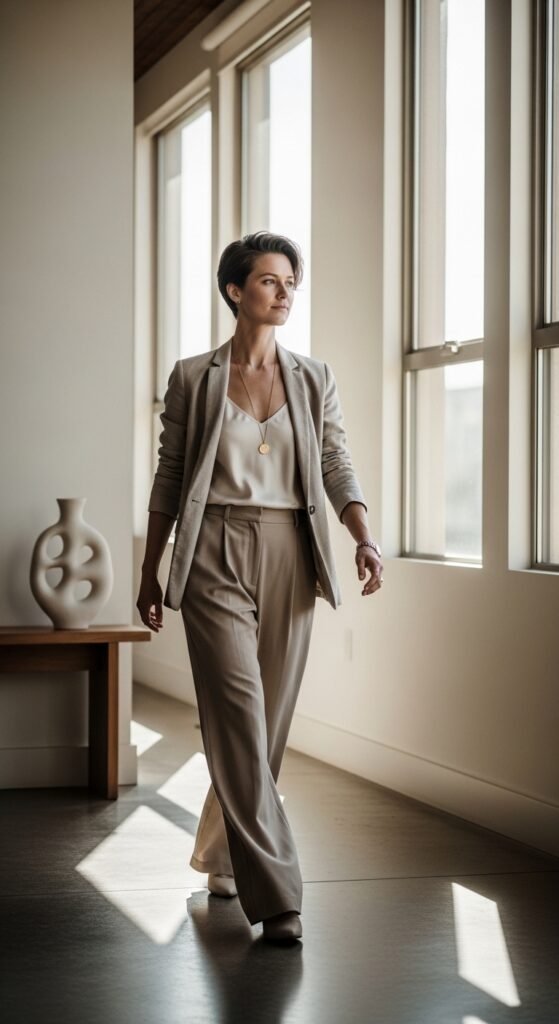 A beautifully styled quiet luxury living room featuring neutral tones, fresh white flowers, quality leather books, cashmere throw, and soft natural light, illustrating 20 rich life aesthetic ideas on how to cultivate quiet luxury and an elevated lifestyle without breaking the bank.