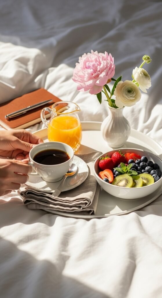 A beautifully styled luxury lifestyle scene featuring an elegant penthouse living room with fresh flowers, gold accents, quality books, warm dramatic lighting, and floor-to-ceiling city views, showcasing 24 luxury lifestyle ideas to transform your everyday existence into an extraordinary and fulfilling life.