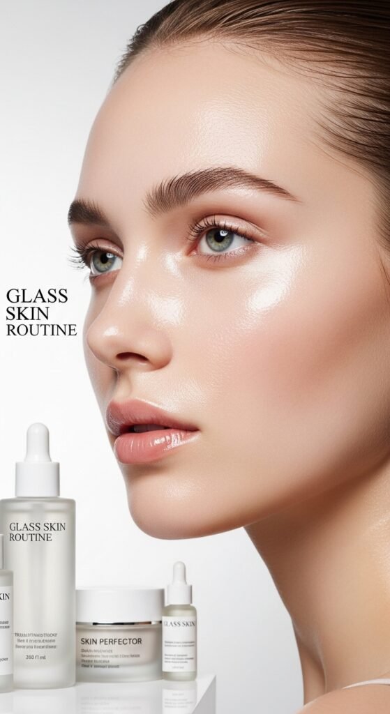 A breathtaking close-up beauty portrait of a woman with flawless dewy glass skin reflecting light beautifully, surrounded by elegant Korean skincare products on a white marble surface, showcasing 15 glass skin routine ideas as a complete guide to achieving the ultimate Korean glow.
