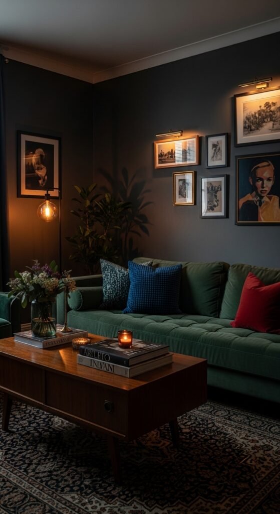 A beautifully transformed moody living room featuring dark walls, warm layered lighting, plush velvet sofa, rich wood furniture, heavy curtains, and curated accessories, showcasing 25 moody living room ideas to create a cozy and dramatic haven at home.