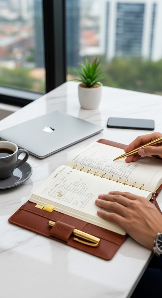 A beautifully styled aspirational millionaire lifestyle scene featuring a luxurious penthouse living room, financial planning books, investment charts, elegant decor, and golden lighting, showcasing 22 millionaire lifestyle ideas as a blueprint for achieving financial freedom and living rich.