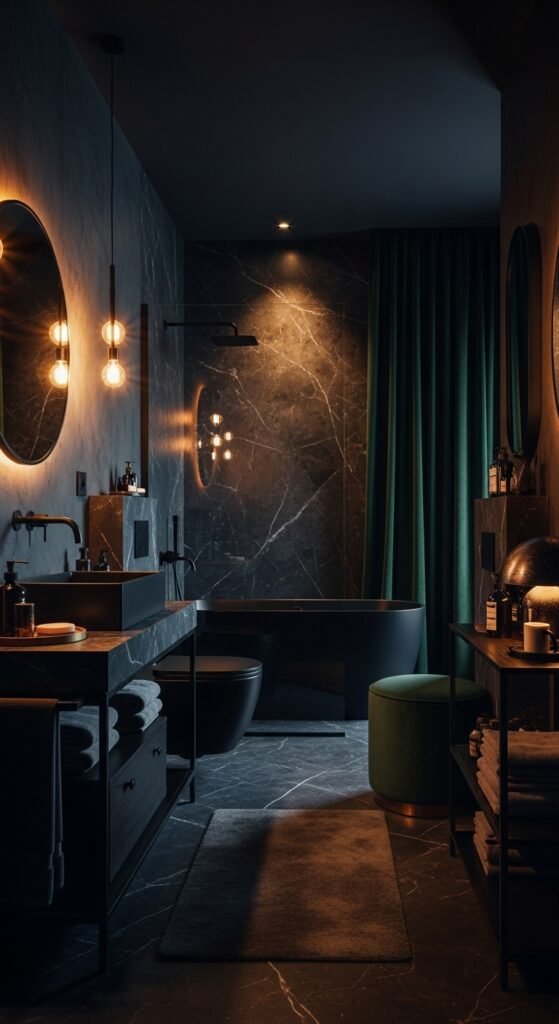 A beautifully transformed moody bathroom featuring dark walls, black tile, warm layered lighting, gold brass fixtures, freestanding tub, and lush plants, showcasing 20 moody bathroom ideas to create a dramatic and luxurious sanctuary at home.