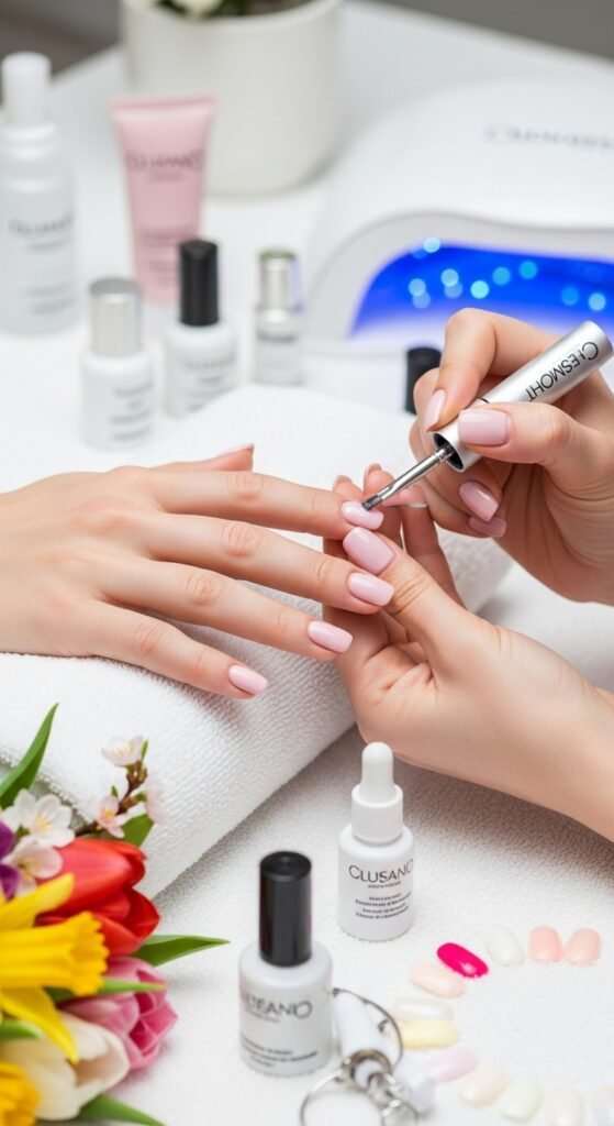 A stunning spring nails editorial featuring beautifully manicured hands with pastel florals, butterfly accents, glazed donut chrome, and vibrant color-blocked designs surrounded by fresh spring flowers, showcasing 20 spring nails ideas for fresh blooming manicures to welcome the sunshine.