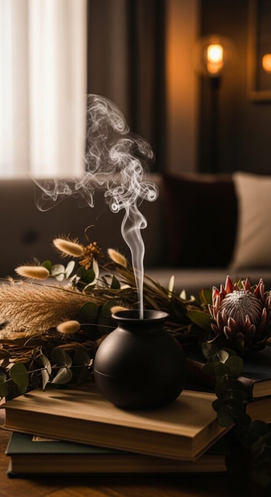 A beautifully transformed moody living room featuring dark walls, warm layered lighting, plush velvet sofa, rich wood furniture, heavy curtains, and curated accessories, showcasing 25 moody living room ideas to create a cozy and dramatic haven at home.