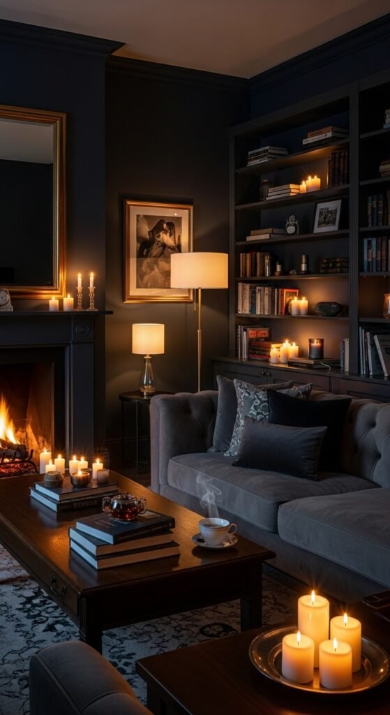 A beautifully transformed moody living room featuring dark walls, warm layered lighting, plush velvet sofa, rich wood furniture, heavy curtains, and curated accessories, showcasing 25 moody living room ideas to create a cozy and dramatic haven at home.