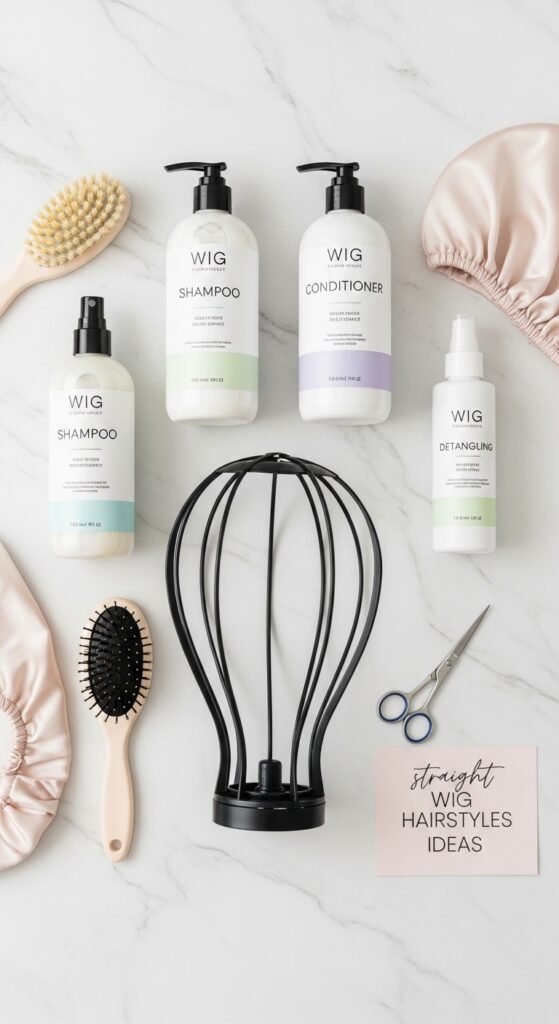 A stunning beauty editorial showcasing diverse chic straight wig hairstyles including sleek bobs, long layers, bangs, ponytails, and ombre styles on beautiful women, illustrating 20 straight wig hairstyles ideas to transform your look with versatile and glamorous straight wig options.