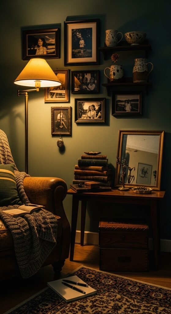 A beautifully transformed moody living room featuring dark walls, warm layered lighting, plush velvet sofa, rich wood furniture, heavy curtains, and curated accessories, showcasing 25 moody living room ideas to create a cozy and dramatic haven at home.