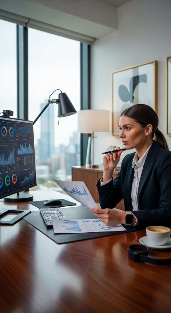 A beautifully styled aspirational millionaire lifestyle scene featuring a luxurious penthouse living room, financial planning books, investment charts, elegant decor, and golden lighting, showcasing 22 millionaire lifestyle ideas as a blueprint for achieving financial freedom and living rich.
