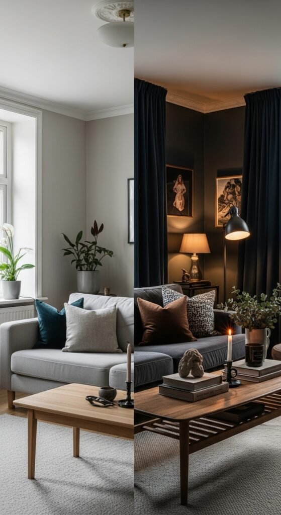 A beautifully transformed moody living room featuring dark walls, warm layered lighting, plush velvet sofa, rich wood furniture, heavy curtains, and curated accessories, showcasing 25 moody living room ideas to create a cozy and dramatic haven at home.