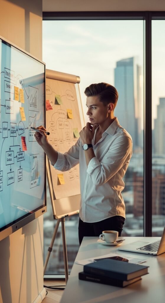 A beautifully styled aspirational millionaire lifestyle scene featuring a luxurious penthouse living room, financial planning books, investment charts, elegant decor, and golden lighting, showcasing 22 millionaire lifestyle ideas as a blueprint for achieving financial freedom and living rich.