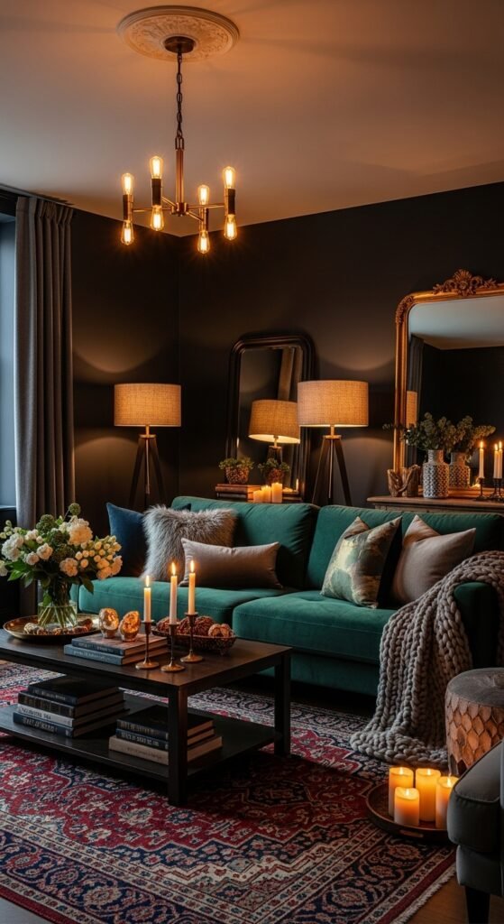 A beautifully transformed moody living room featuring dark walls, warm layered lighting, plush velvet sofa, rich wood furniture, heavy curtains, and curated accessories, showcasing 25 moody living room ideas to create a cozy and dramatic haven at home.