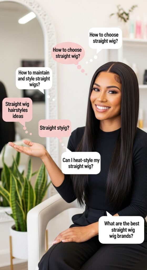 A stunning beauty editorial showcasing diverse chic straight wig hairstyles including sleek bobs, long layers, bangs, ponytails, and ombre styles on beautiful women, illustrating 20 straight wig hairstyles ideas to transform your look with versatile and glamorous straight wig options.