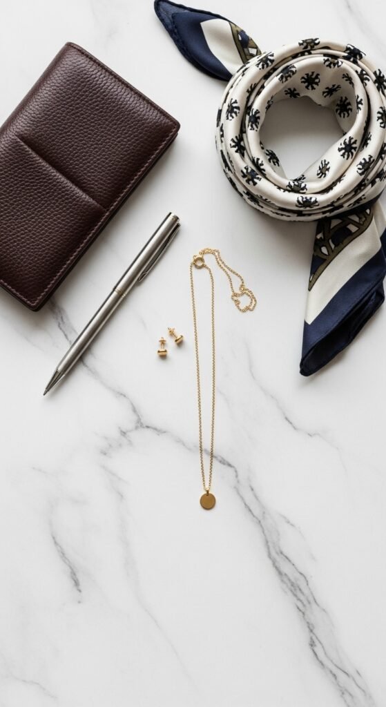 A beautifully styled quiet luxury living room featuring neutral tones, fresh white flowers, quality leather books, cashmere throw, and soft natural light, illustrating 20 rich life aesthetic ideas on how to cultivate quiet luxury and an elevated lifestyle without breaking the bank.