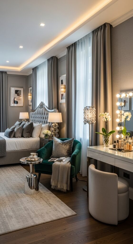 A breathtaking luxury lifestyle aesthetic living room featuring rich jewel toned decor, gold accents, layered textures, dramatic lighting, and curated art, showcasing 15 luxury lifestyle aesthetic ideas to transform your everyday space into an extraordinary and opulent experience.