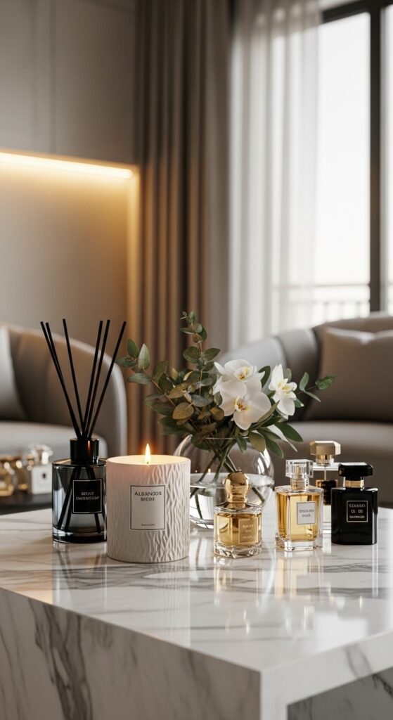 A beautifully styled luxury lifestyle scene featuring an elegant penthouse living room with fresh flowers, gold accents, quality books, warm dramatic lighting, and floor-to-ceiling city views, showcasing 24 luxury lifestyle ideas to transform your everyday existence into an extraordinary and fulfilling life.