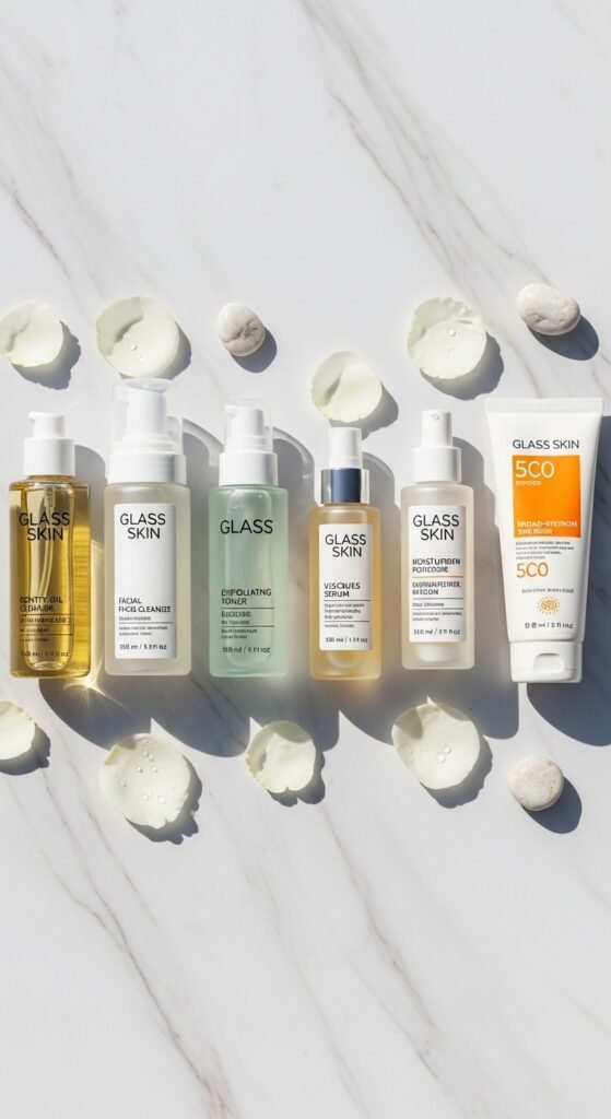 A breathtaking close-up beauty portrait of a woman with flawless dewy glass skin reflecting light beautifully, surrounded by elegant Korean skincare products on a white marble surface, showcasing 15 glass skin routine ideas as a complete guide to achieving the ultimate Korean glow.