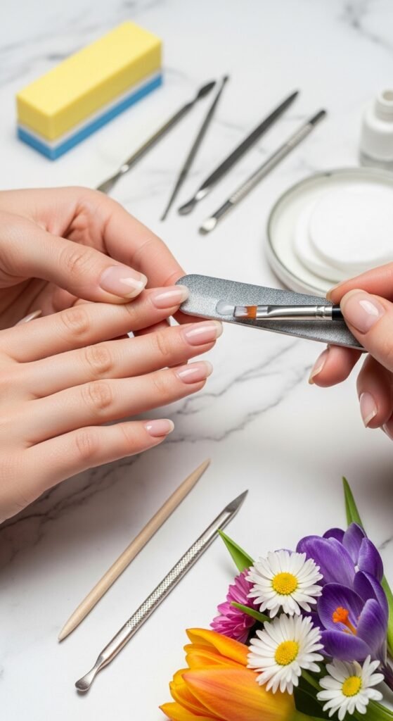 A stunning spring nails editorial featuring beautifully manicured hands with pastel florals, butterfly accents, glazed donut chrome, and vibrant color-blocked designs surrounded by fresh spring flowers, showcasing 20 spring nails ideas for fresh blooming manicures to welcome the sunshine.