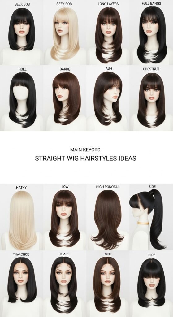 A stunning beauty editorial showcasing diverse chic straight wig hairstyles including sleek bobs, long layers, bangs, ponytails, and ombre styles on beautiful women, illustrating 20 straight wig hairstyles ideas to transform your look with versatile and glamorous straight wig options.