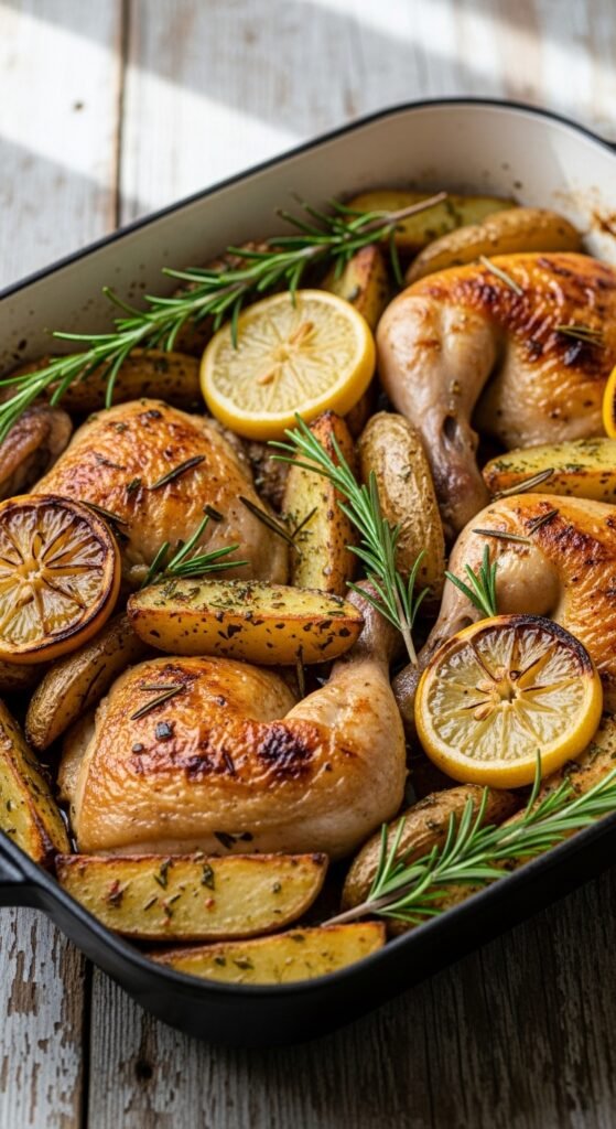 A beautifully styled spread of multiple delicious chicken dinner dishes including golden roasted chicken, creamy pasta, tacos, and stir fry arranged on a rustic wooden dining table, showcasing 15 dinner ideas with chicken that are easy, flavorful, and perfect for every night of the week.