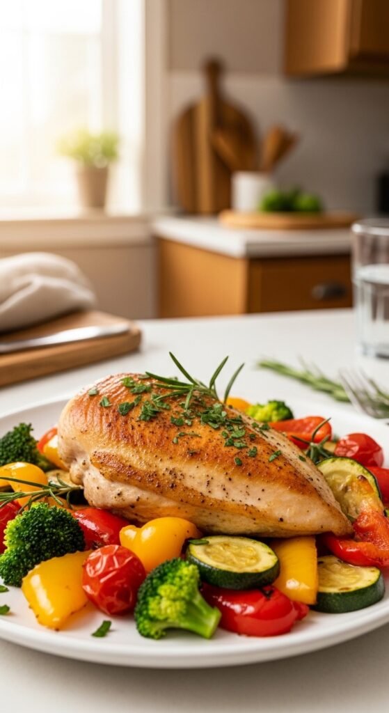 A beautifully styled spread of multiple delicious chicken dinner dishes including golden roasted chicken, creamy pasta, and spicy stir fry arranged on a rustic wooden dining table, showcasing 20 chicken dinner ideas that are easy, flavorful, and perfect for saving your sanity on busy weeknights.