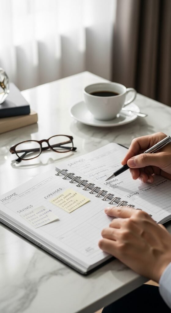 A beautifully styled aspirational millionaire lifestyle scene featuring a luxurious penthouse living room, financial planning books, investment charts, elegant decor, and golden lighting, showcasing 22 millionaire lifestyle ideas as a blueprint for achieving financial freedom and living rich.