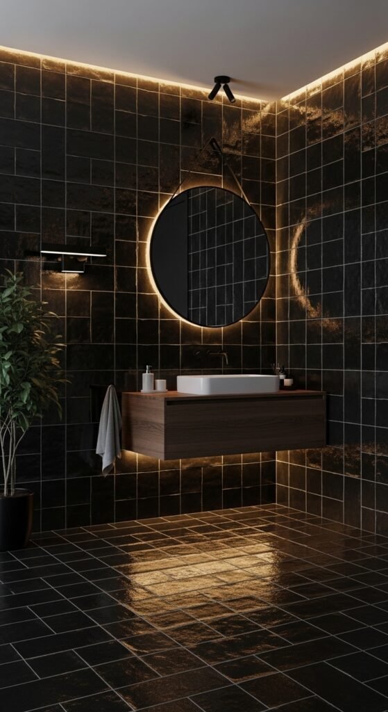 A beautifully transformed moody bathroom featuring dark walls, black tile, warm layered lighting, gold brass fixtures, freestanding tub, and lush plants, showcasing 20 moody bathroom ideas to create a dramatic and luxurious sanctuary at home.