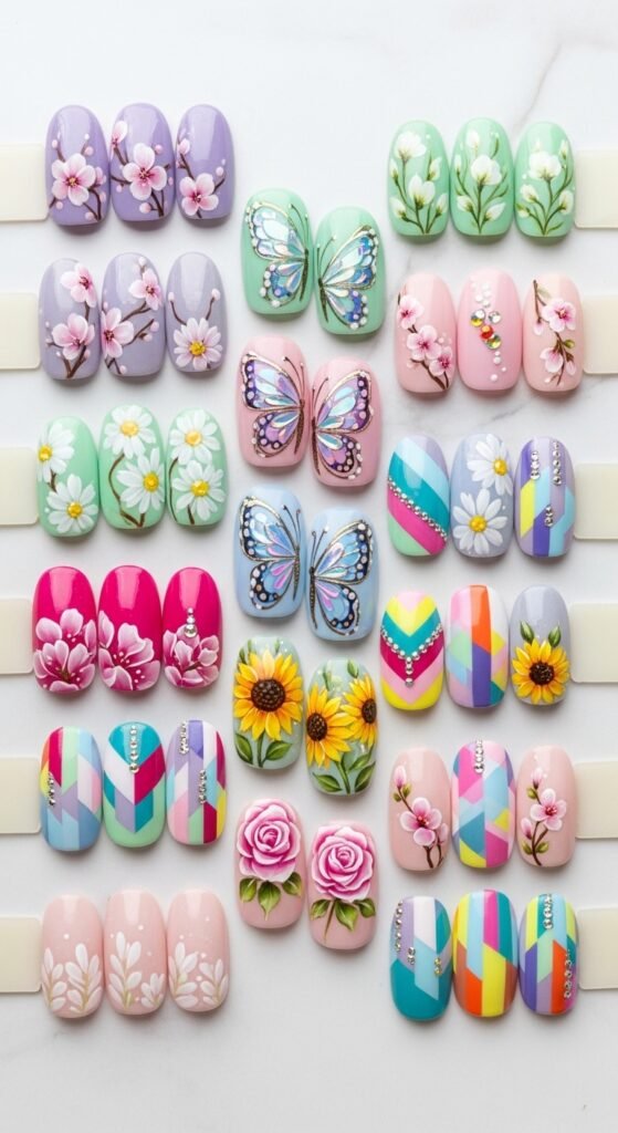 A stunning spring nails editorial featuring beautifully manicured hands with pastel florals, butterfly accents, glazed donut chrome, and vibrant color-blocked designs surrounded by fresh spring flowers, showcasing 20 spring nails ideas for fresh blooming manicures to welcome the sunshine.