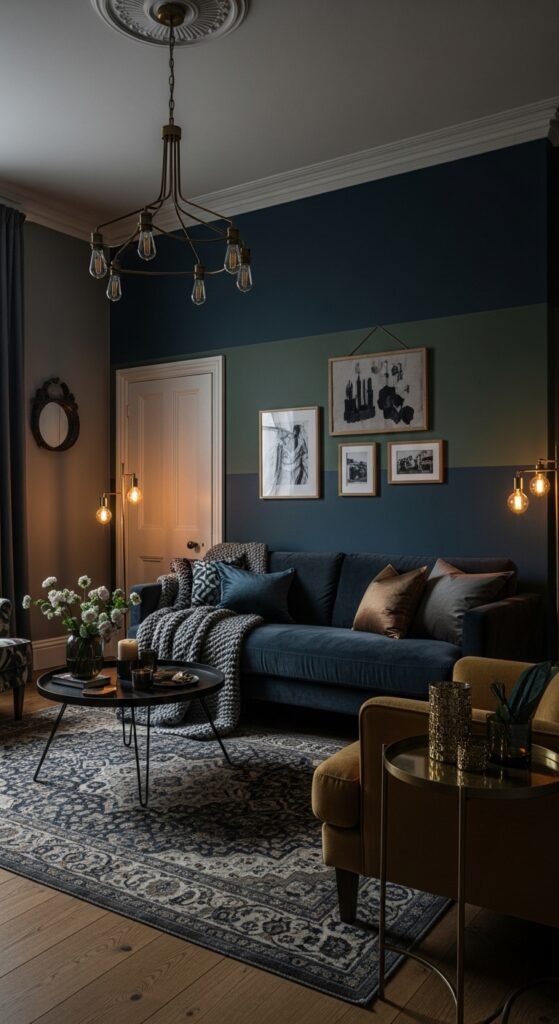 A beautifully transformed moody living room featuring dark walls, warm layered lighting, plush velvet sofa, rich wood furniture, heavy curtains, and curated accessories, showcasing 25 moody living room ideas to create a cozy and dramatic haven at home.