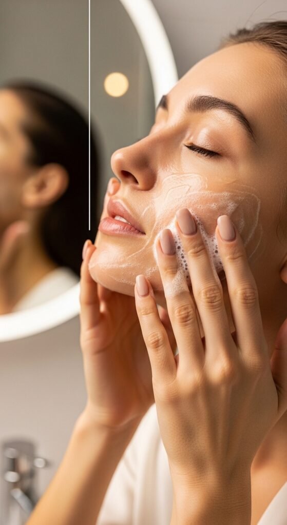 A breathtaking close-up beauty portrait of a woman with flawless dewy glass skin reflecting light beautifully, surrounded by elegant Korean skincare products on a white marble surface, showcasing 15 glass skin routine ideas as a complete guide to achieving the ultimate Korean glow.