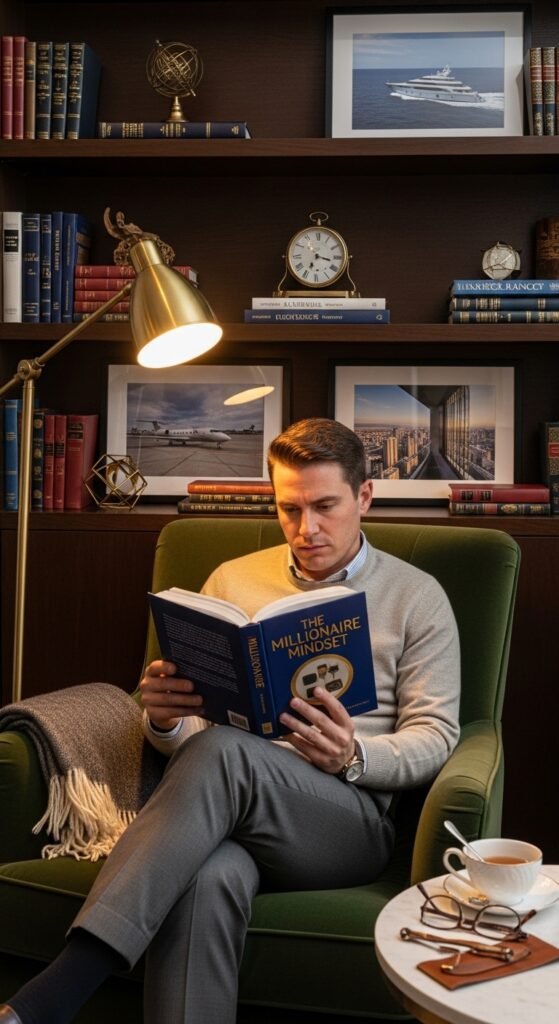 A beautifully styled aspirational millionaire lifestyle scene featuring a luxurious penthouse living room, financial planning books, investment charts, elegant decor, and golden lighting, showcasing 22 millionaire lifestyle ideas as a blueprint for achieving financial freedom and living rich.