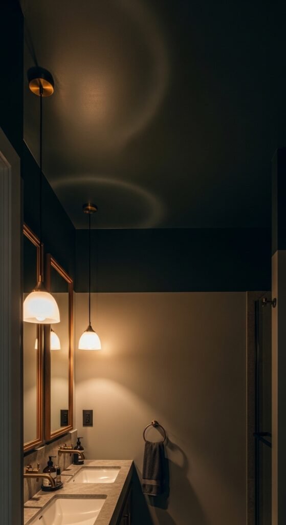 A beautifully transformed moody bathroom featuring dark walls, black tile, warm layered lighting, gold brass fixtures, freestanding tub, and lush plants, showcasing 20 moody bathroom ideas to create a dramatic and luxurious sanctuary at home.