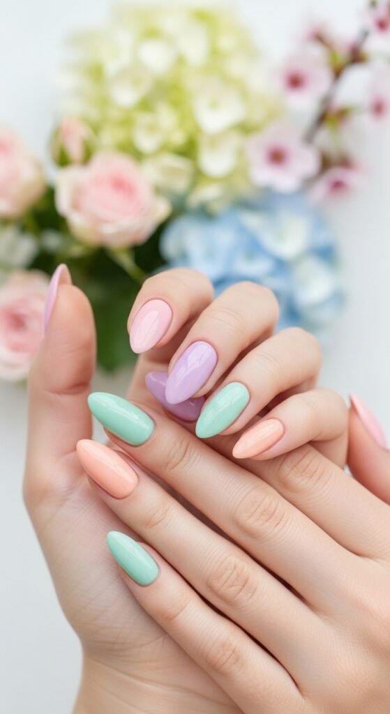 A stunning spring nails editorial featuring beautifully manicured hands with pastel florals, butterfly accents, glazed donut chrome, and vibrant color-blocked designs surrounded by fresh spring flowers, showcasing 20 spring nails ideas for fresh blooming manicures to welcome the sunshine.