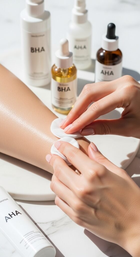 A breathtaking close-up beauty portrait of a woman with flawless dewy glass skin reflecting light beautifully, surrounded by elegant Korean skincare products on a white marble surface, showcasing 15 glass skin routine ideas as a complete guide to achieving the ultimate Korean glow.