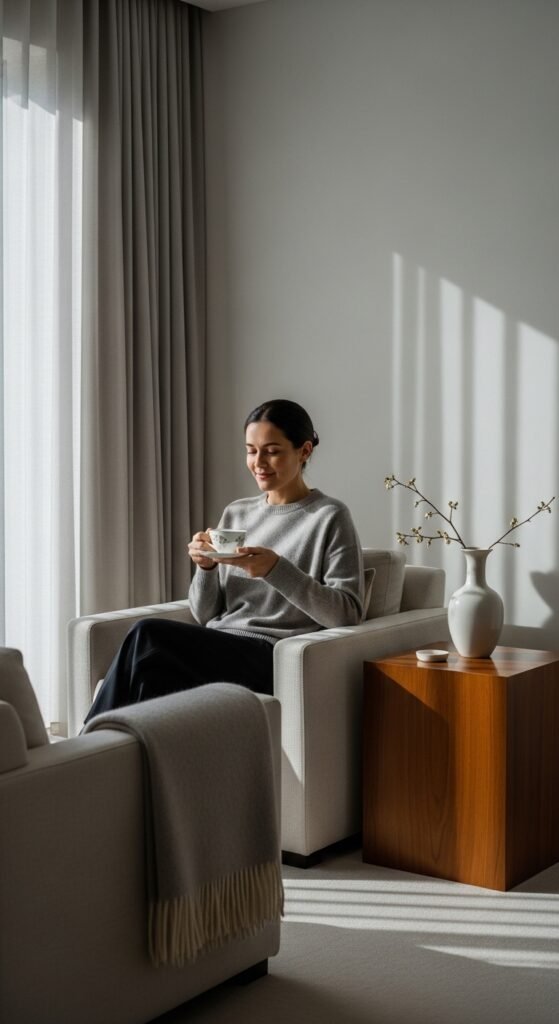 A beautifully styled quiet luxury living room featuring neutral tones, fresh white flowers, quality leather books, cashmere throw, and soft natural light, illustrating 20 rich life aesthetic ideas on how to cultivate quiet luxury and an elevated lifestyle without breaking the bank.