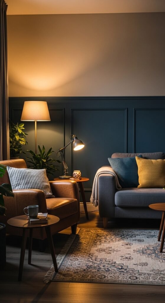 A beautifully transformed moody living room featuring dark walls, warm layered lighting, plush velvet sofa, rich wood furniture, heavy curtains, and curated accessories, showcasing 25 moody living room ideas to create a cozy and dramatic haven at home.