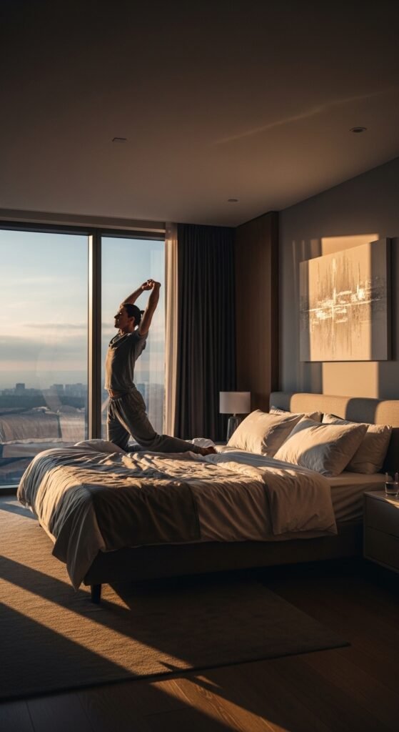 A beautifully styled aspirational millionaire lifestyle scene featuring a luxurious penthouse living room, financial planning books, investment charts, elegant decor, and golden lighting, showcasing 22 millionaire lifestyle ideas as a blueprint for achieving financial freedom and living rich.