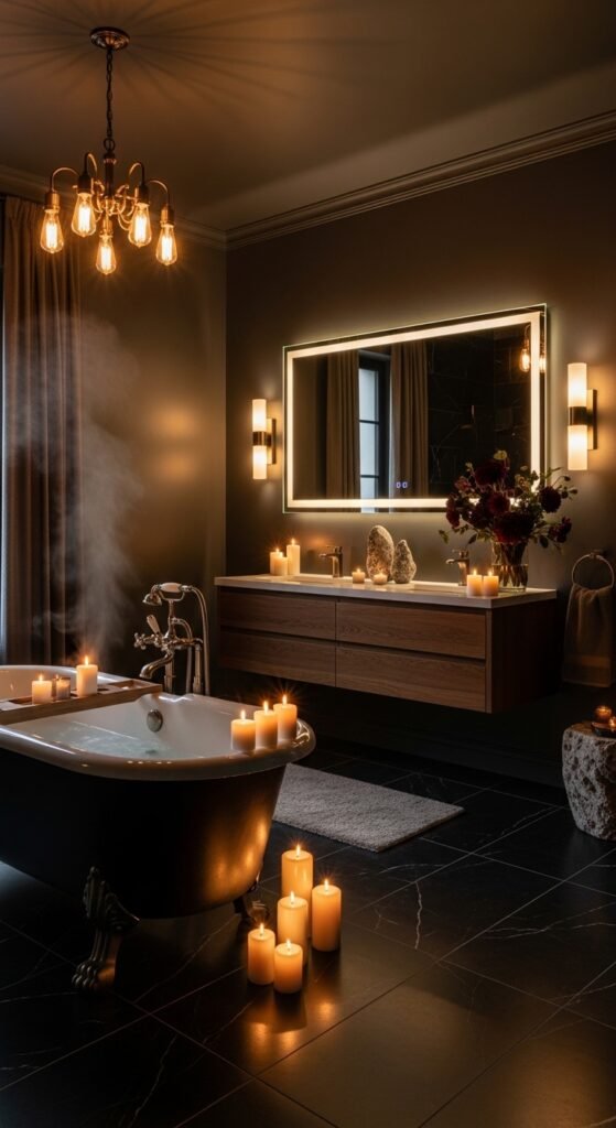 A beautifully transformed moody bathroom featuring dark walls, black tile, warm layered lighting, gold brass fixtures, freestanding tub, and lush plants, showcasing 20 moody bathroom ideas to create a dramatic and luxurious sanctuary at home.