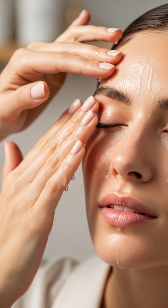 A breathtaking close-up beauty portrait of a woman with flawless dewy glass skin reflecting light beautifully, surrounded by elegant Korean skincare products on a white marble surface, showcasing 15 glass skin routine ideas as a complete guide to achieving the ultimate Korean glow.